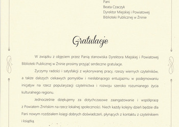 Gratulacje dla Pani Beaty Czaczyk w związku z powołaniem na kolejną kadencję Dyrektora MiPBP w Żninie