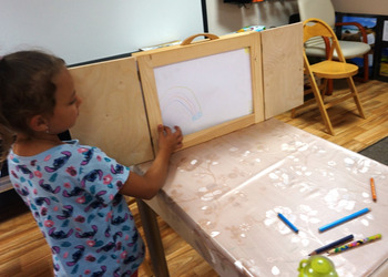 27 lipca na wakacyjnych zajęciach w bibliotece tworzyliśmy opowieści w teatrzyku kamishibai 